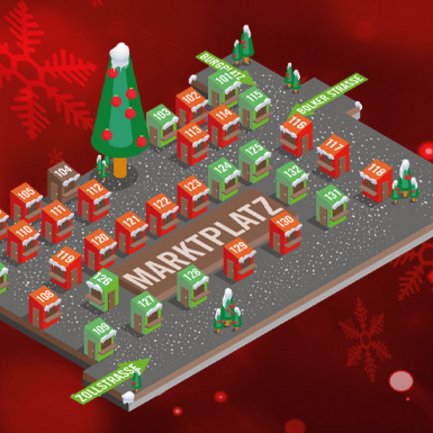 Bildausschnitt des Plans für den Handwerker Markt, roter Hintergrund mit animierter 3D-Ansicht des Marktplatzes und der geplanten Anordnung der Hütten auf dem Abschnitt des Themenmarktes