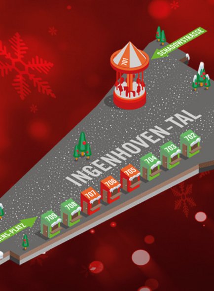 Bildausschnitt des Plans für den Kö-Bogen Markt, roter Hintergrund mit animierter 3D-Ansicht des Ingenhoven-Tals und der geplanten Anordnung der Hütten auf dem Abschnitt des Themenmarktes