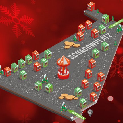 Bildausschnitt des Plans für den Märchen Markt, roter Hintergrund mit animierter 3D-Ansicht des Schadowplatzes und der geplanten Anordnung der Hütten auf dem Abschnitt des Themenmarktes