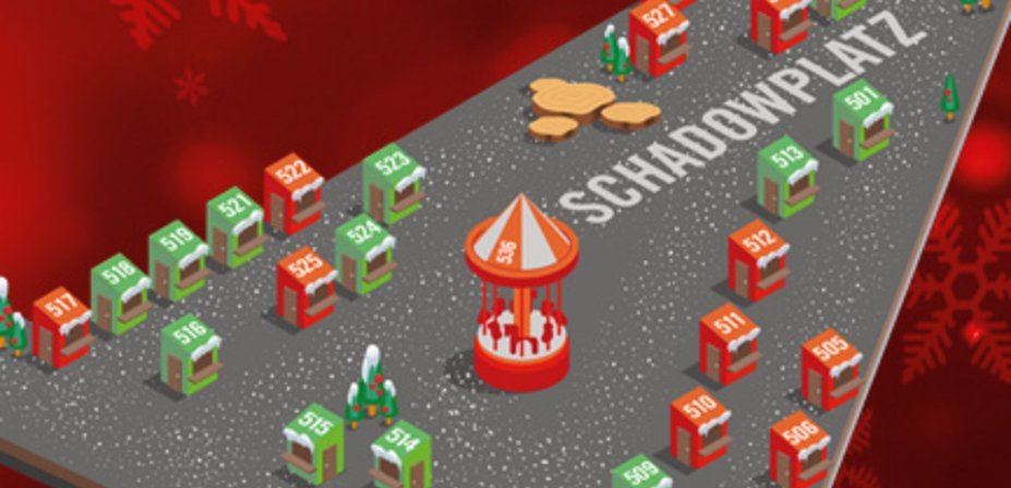 Bildausschnitt des Plans für den Märchen Markt, roter Hintergrund mit animierter 3D-Ansicht des Schadowplatzes und der geplanten Anordnung der Hütten auf dem Abschnitt des Themenmarktes