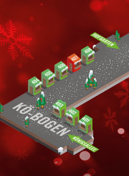Bildausschnitt des Plans für den Kö-Bogen Markt, roter Hintergrund mit animierter 3D-Ansicht des Kö-Bogens und der geplanten Anordnung der Hütten auf dem Abschnitt des Themenmarktes