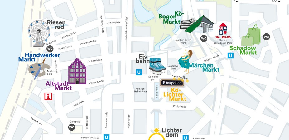 Übersichtsplan, der alle 6 Themenmärkte, weitere Attraktionen auf dem Weihnachtsmarkt, öffentliche Toiletten, U-Bahn Stationen sowie die Touristinformation mithilfe von bunten Piktogrammen auf einer Karte von der Düsseldorf Innenstadt verortet