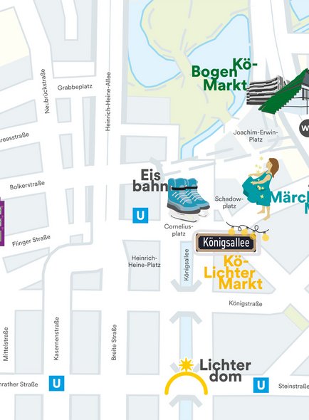 Übersichtsplan, der alle 6 Themenmärkte, weitere Attraktionen auf dem Weihnachtsmarkt, öffentliche Toiletten, U-Bahn Stationen sowie die Touristinformation mithilfe von bunten Piktogrammen auf einer Karte von der Düsseldorf Innenstadt verortet