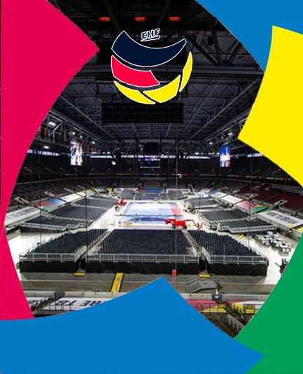 Die Grafik zeigt eine Innenansicht einer großen Mehrzweckarena, die für ein Handballevent vorbereitet wird. Im Zentrum ist ein Handballfeld sichtbar, umgeben von zahlreichen Sitzreihen, die noch leer sind. Über dem Spielfeld hängen große Bildschirme und Beleuchtungseinrichtungen. Im Hintergrund sind die Logo-Elemente der EHF EURO 2024 erkennbar, die auf das bevorstehende Handball-Event hinweisen. Die Komposition ist in einen Rahmen mit abstrakten, farbigen Formen in Magenta, Gelb und Grün auf schwarzem Hintergrund eingefasst, was ein dynamisches und sportliches Gefühl vermittelt.